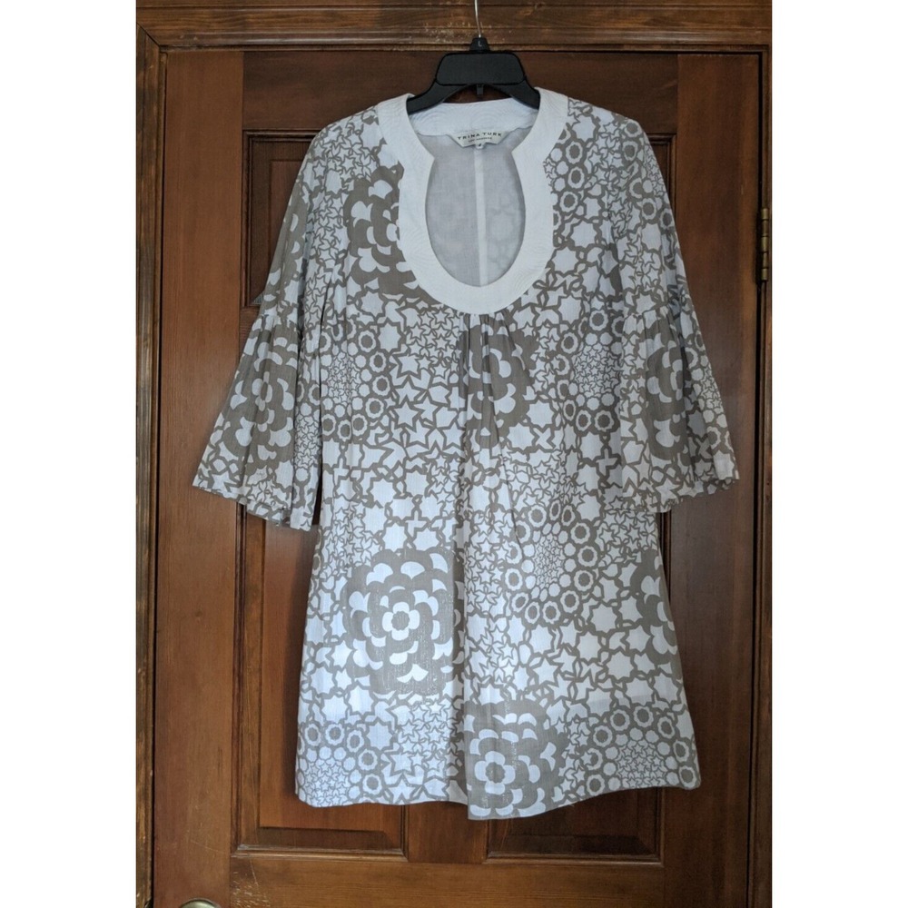 TRINA TURK Women's Dz 4 Lined Tunic Dress White Grey Metallic 3/4 Sleeve